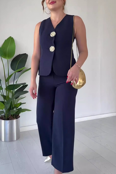 ARIANWEN – ELEGANT SOLID COLOR PATCHWORK V-NECK TWO-PIECE SET