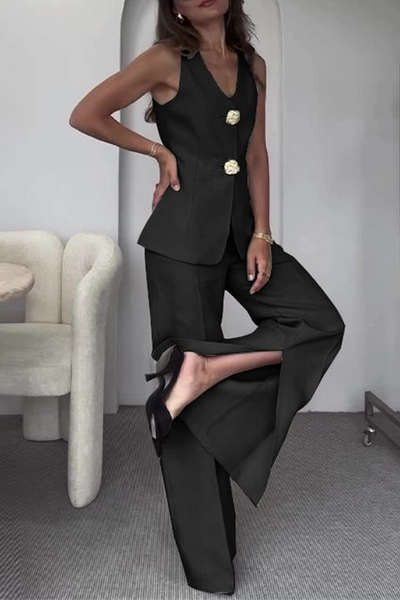 ARIANWEN – ELEGANT SOLID COLOR PATCHWORK V-NECK TWO-PIECE SET