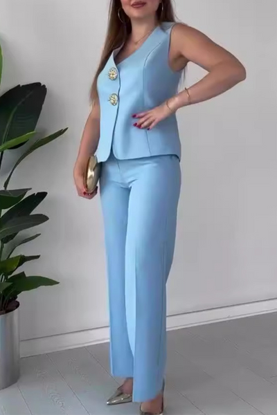 ARIANWEN – ELEGANT SOLID COLOR PATCHWORK V-NECK TWO-PIECE SET