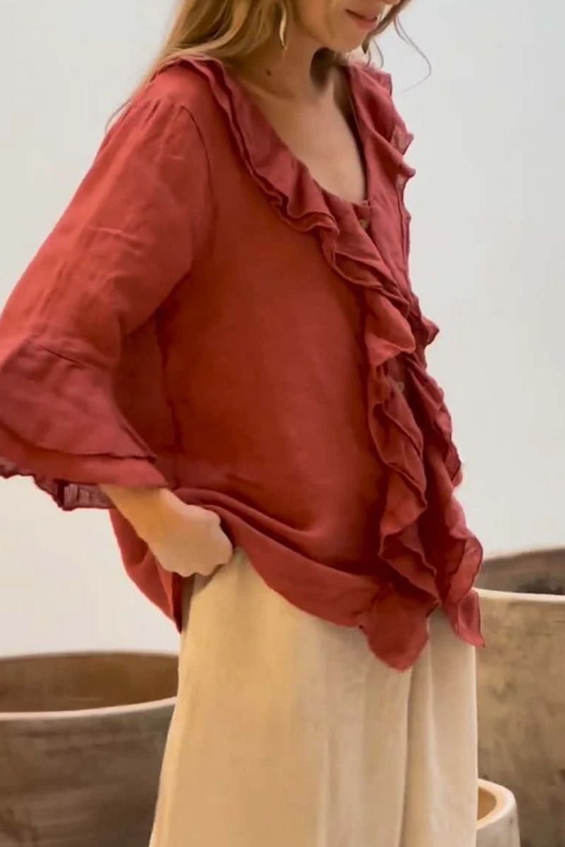 ARIETTA – CASUAL SOLID COLOR RUFFLE V-NECK BLOUSE