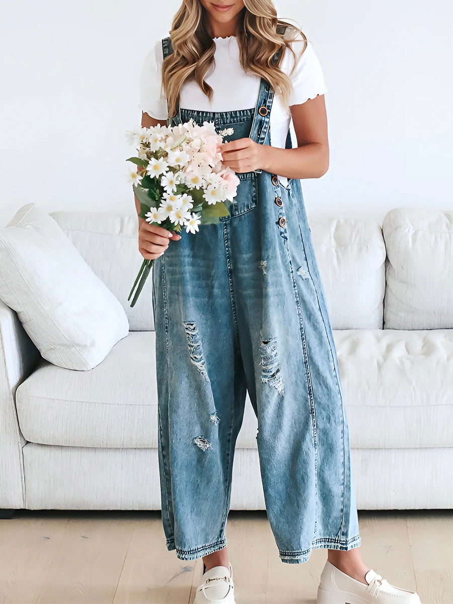 ELESSA – LOOSE FIT DENIM DUNGAREES IN DISTRESSED LOOK
