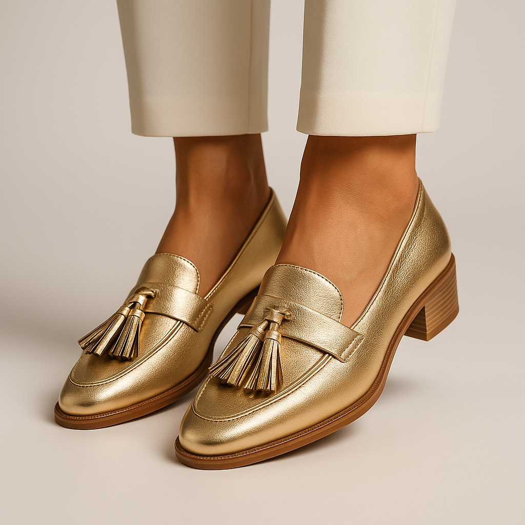 AVENETTE – GOLD LOAFERS WITH TASSEL DETAIL