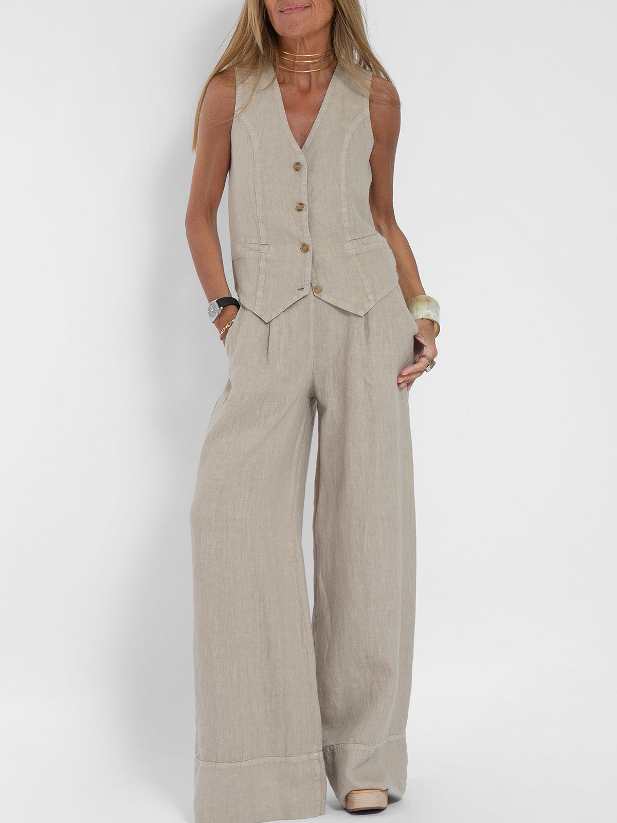 Jessica - Buttoned Vest & Wide-Leg Trousers Set