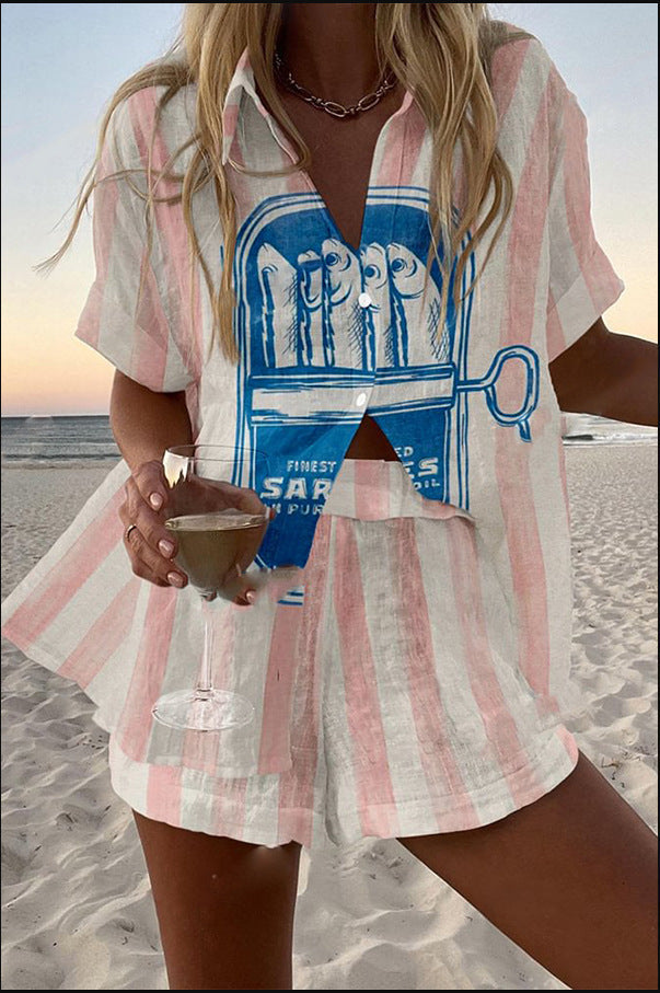 Silava - Short Linen Set with Sardine Print