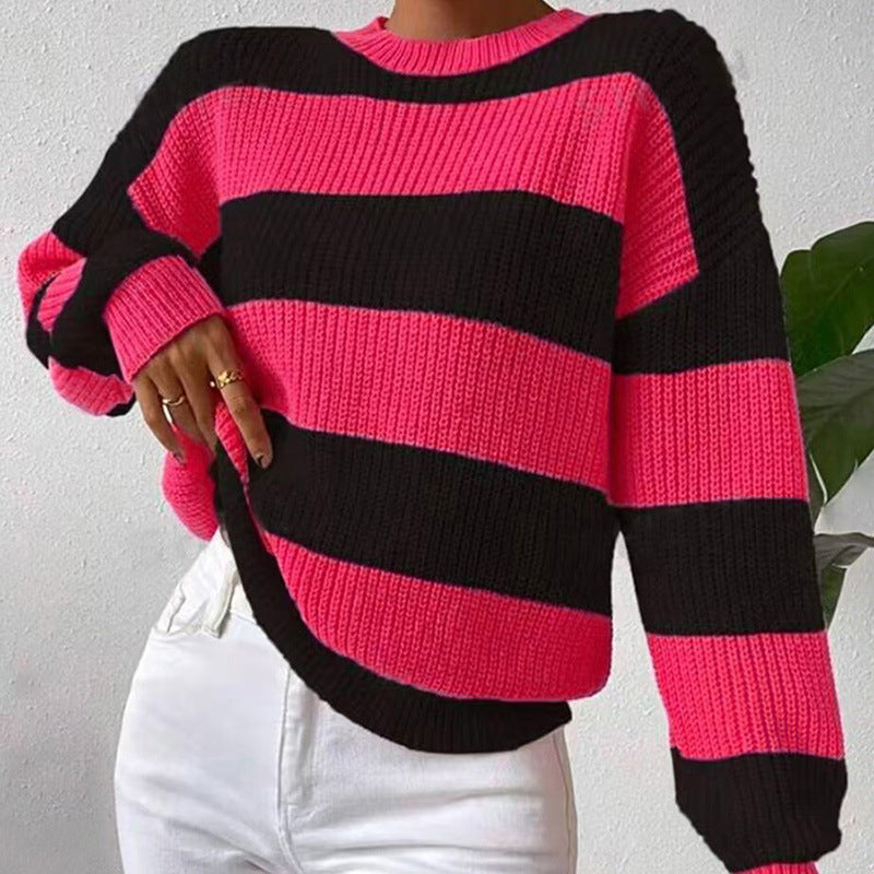 Women's Striped Long Sleeve Crew Neck Sweater
