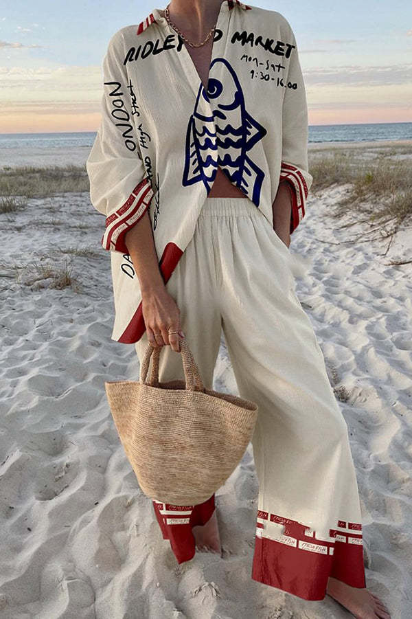 Rounelle - Linen Set with Blue Fish Print