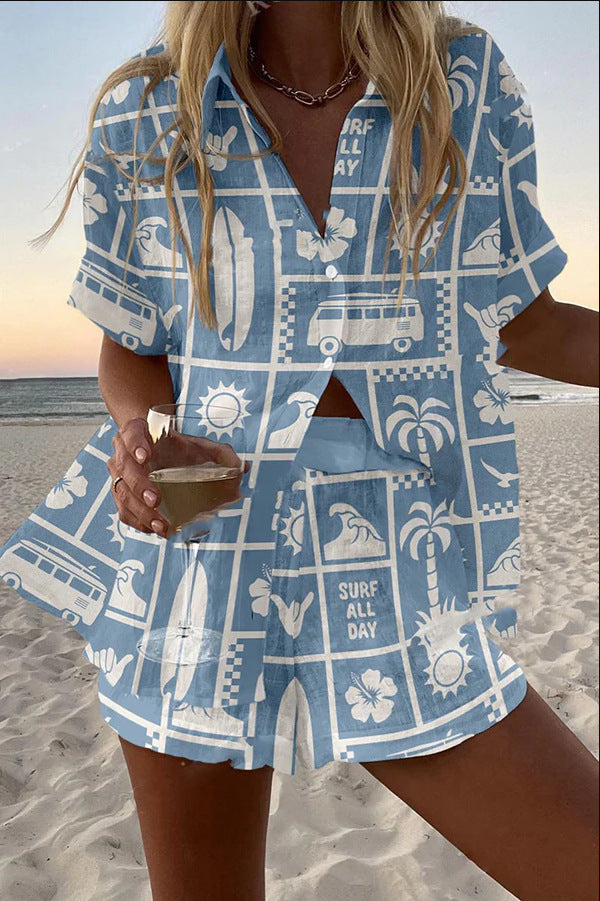 Trenara - Short Linen Set with Caravan Print
