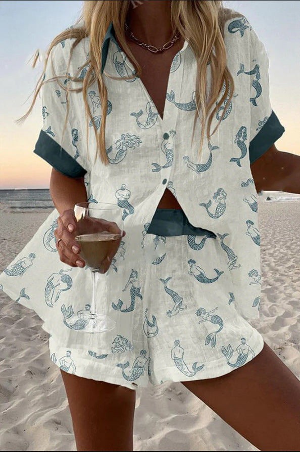 Jalira - Short Linen Set with Mermaid Print