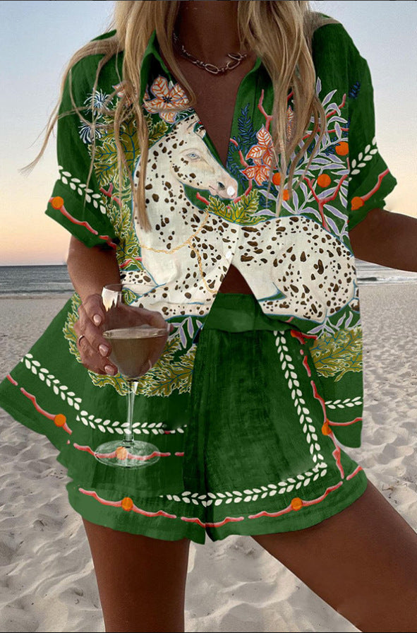 Céphira - Short Linen Set with Horse Print