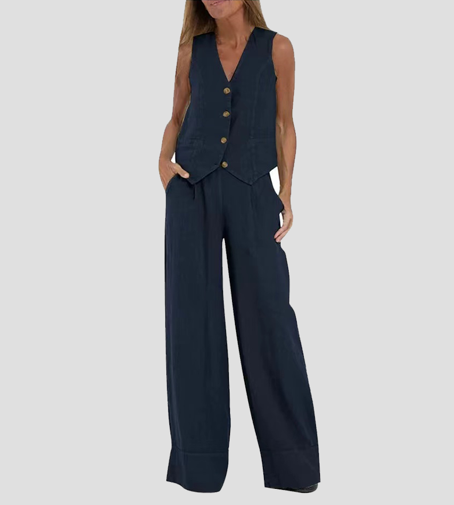 Jessica - Buttoned Vest & Wide-Leg Trousers Set