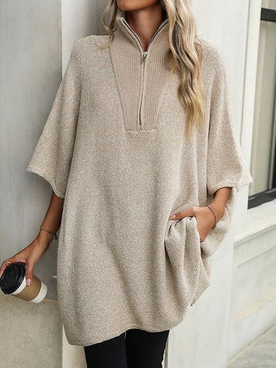 Olivia - Zip Collar Knit Sweater Poncho
