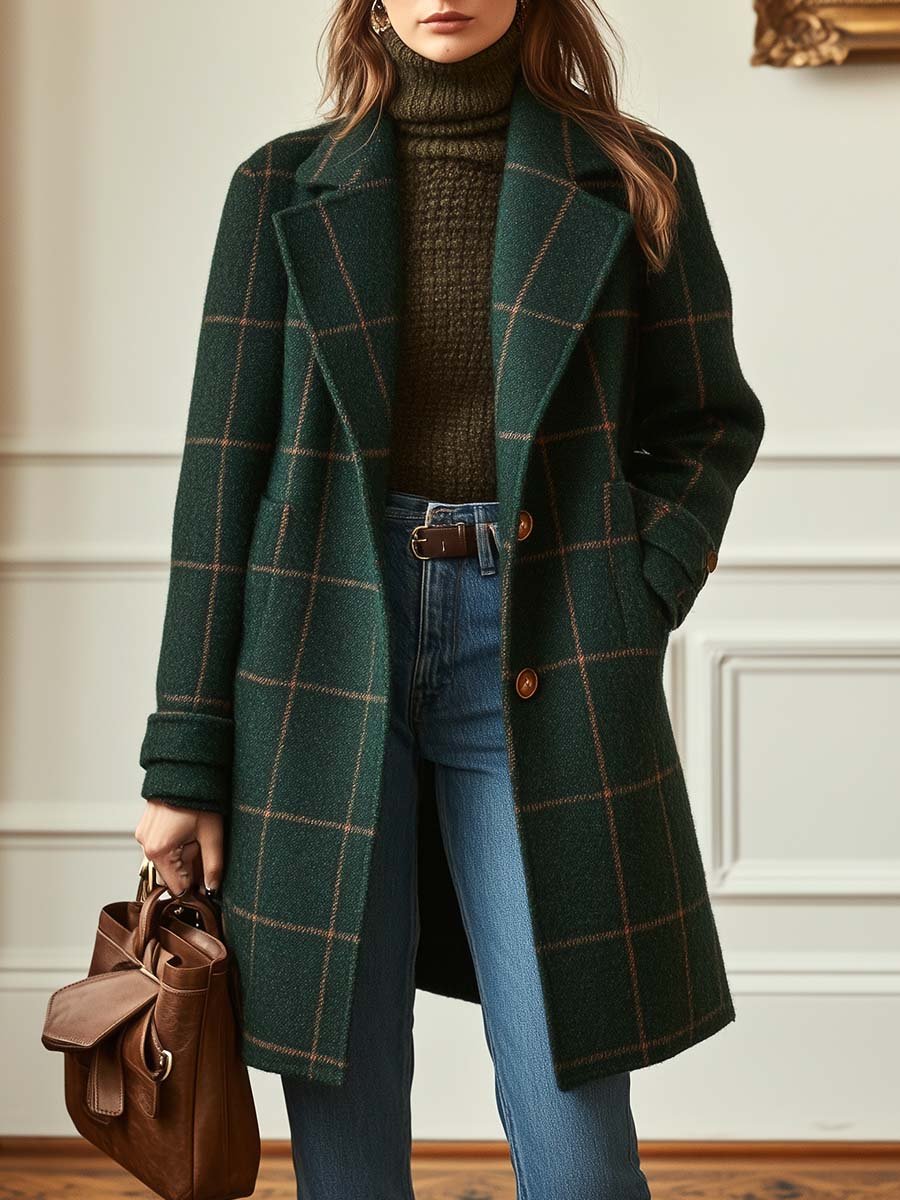 Retro Lapel Plaid Tweed Coat
